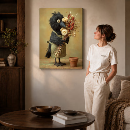 Gallery wrapped florist crow canvas art with naturally shaded canvas edges beside a woman wearing cream clothing.
