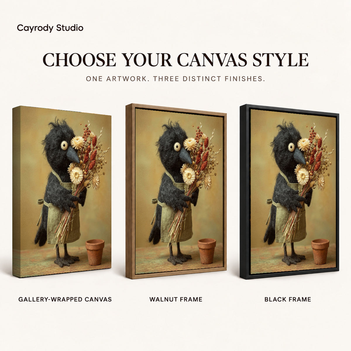 Florist crow canvas art finish chart showing gallery wrapped canvas, walnut frame, and black frame options.