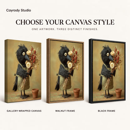 Florist crow canvas art finish chart showing gallery wrapped canvas, walnut frame, and black frame options.