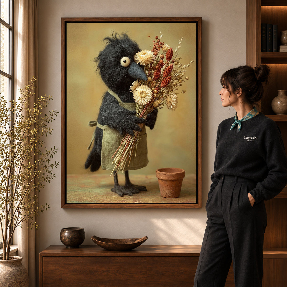 Walnut framed florist crow canvas art room scene assigned to all six walnut framed canvas sizes.