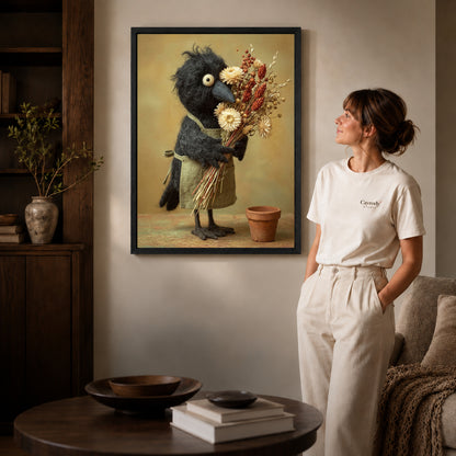 Black framed florist crow canvas art room scene assigned to all six black framed canvas sizes.