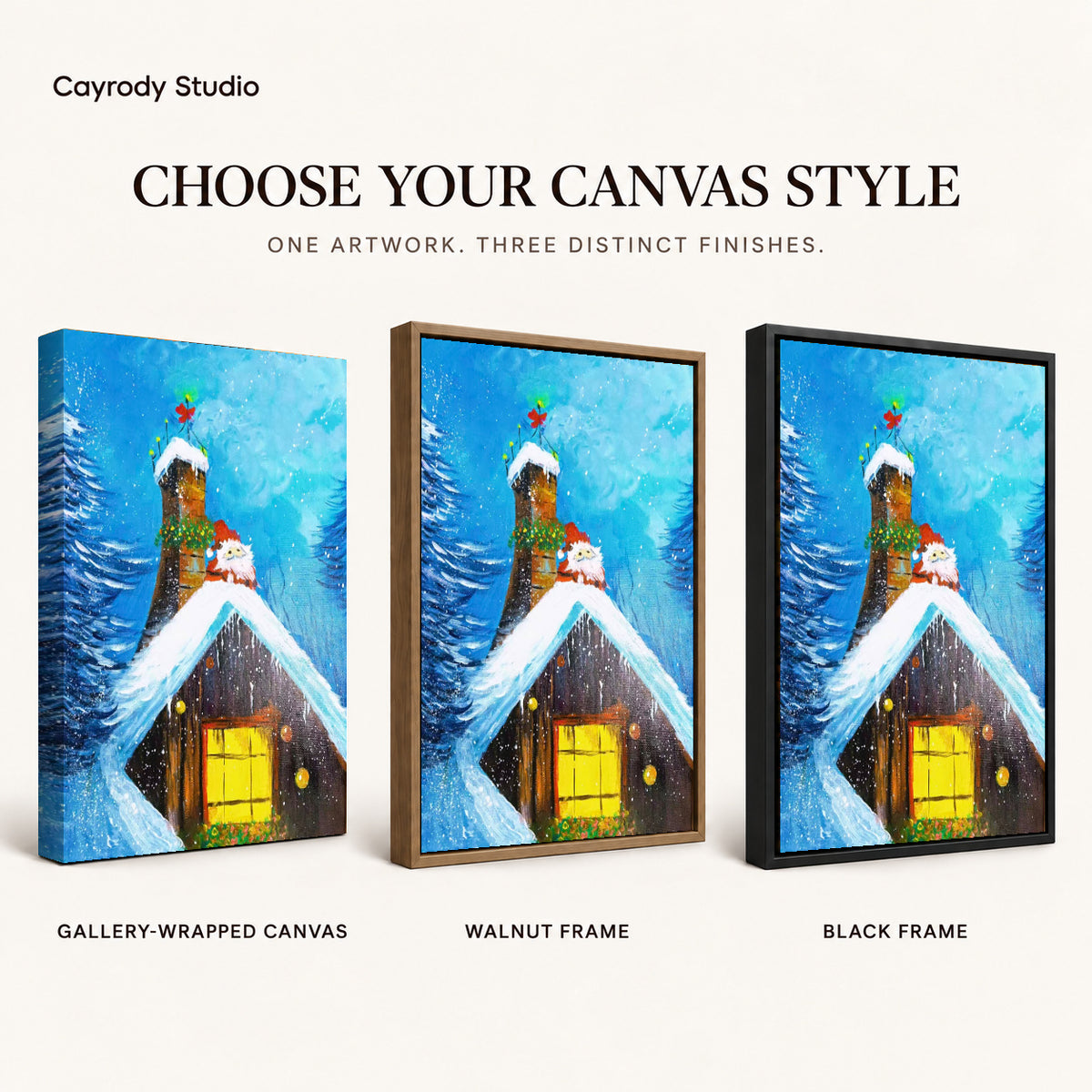 Snowy cottage canvas art finish chart showing gallery wrapped canvas, walnut frame, and black frame options.
