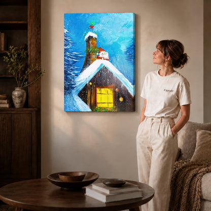 Gallery wrapped snowy cottage canvas art room scene assigned to all six unframed wrapped canvas sizes.