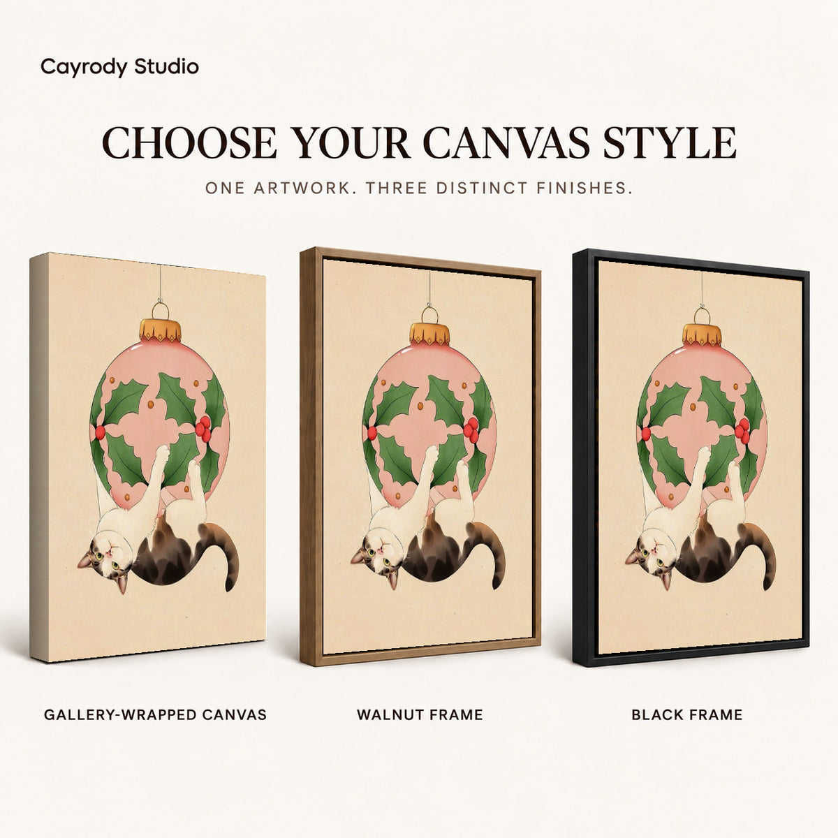Hanging holiday cat canvas art finish chart showing gallery wrapped canvas, walnut frame, and black frame options.