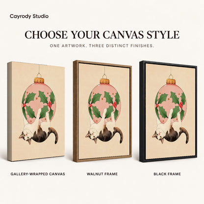 Hanging holiday cat canvas art finish chart showing gallery wrapped canvas, walnut frame, and black frame options.