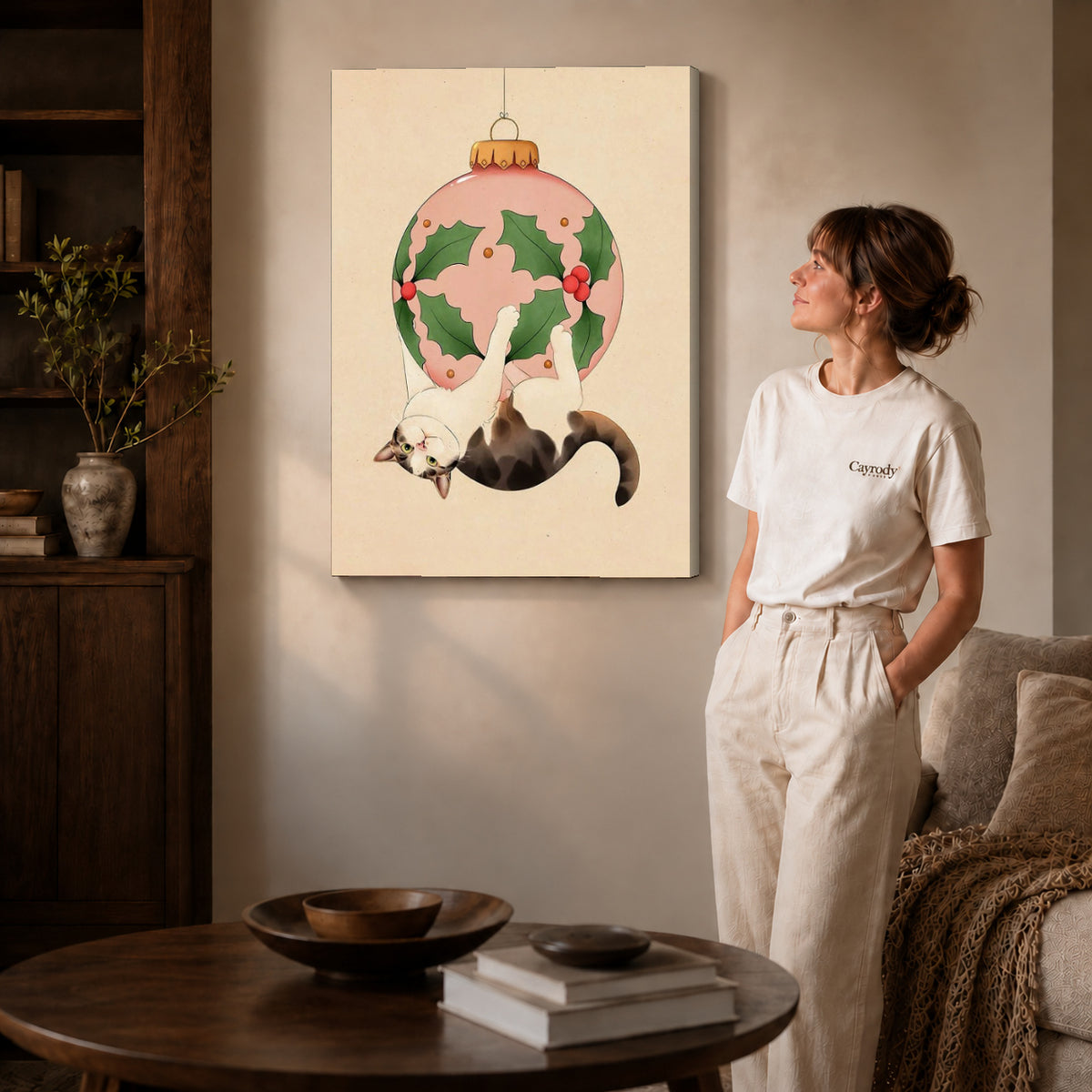 Gallery wrapped hanging holiday cat canvas art room scene assigned to all six unframed wrapped canvas sizes.