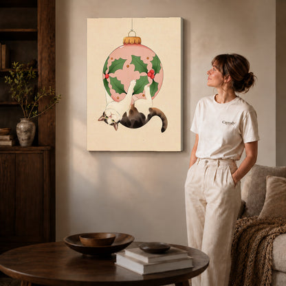 Gallery wrapped hanging holiday cat canvas art room scene assigned to all six unframed wrapped canvas sizes.