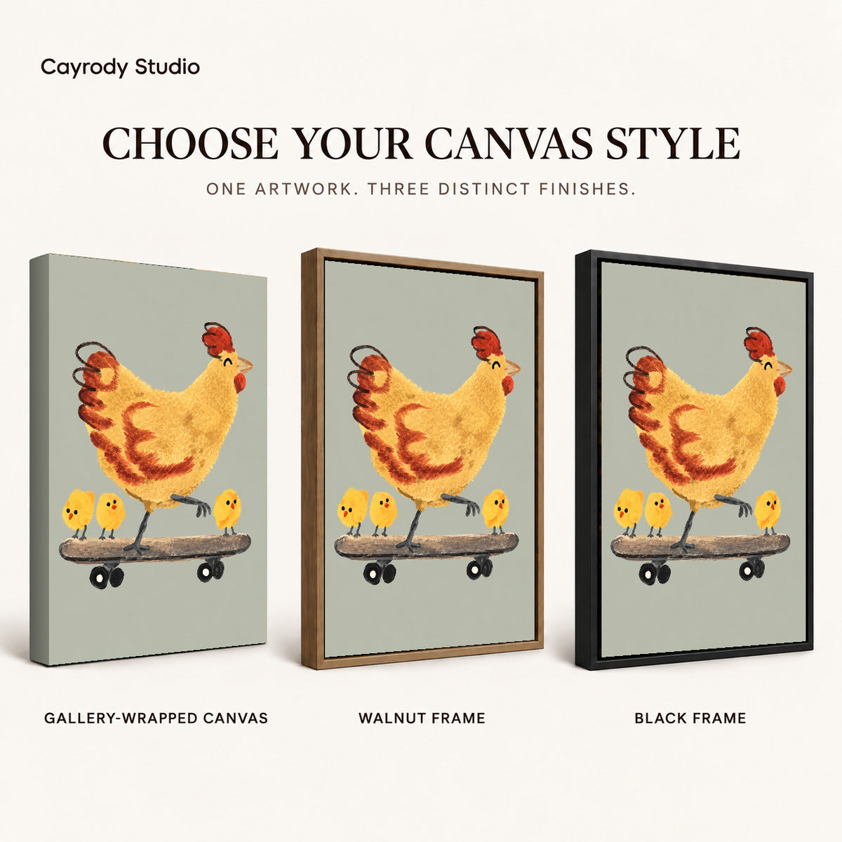 Skateboard chicken canvas art finish chart showing gallery wrapped canvas, walnut frame, and black frame options.