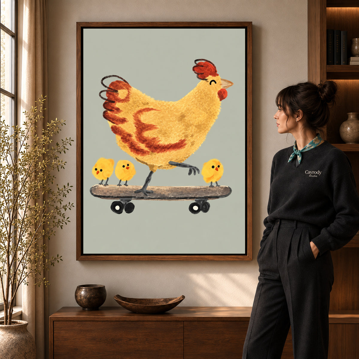 Walnut framed skateboard chicken canvas art room scene assigned to all six walnut framed canvas sizes.