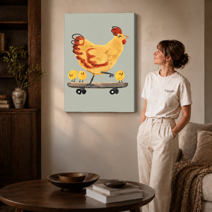 Gallery wrapped skateboard chicken canvas art room scene assigned to all six unframed wrapped canvas sizes.
