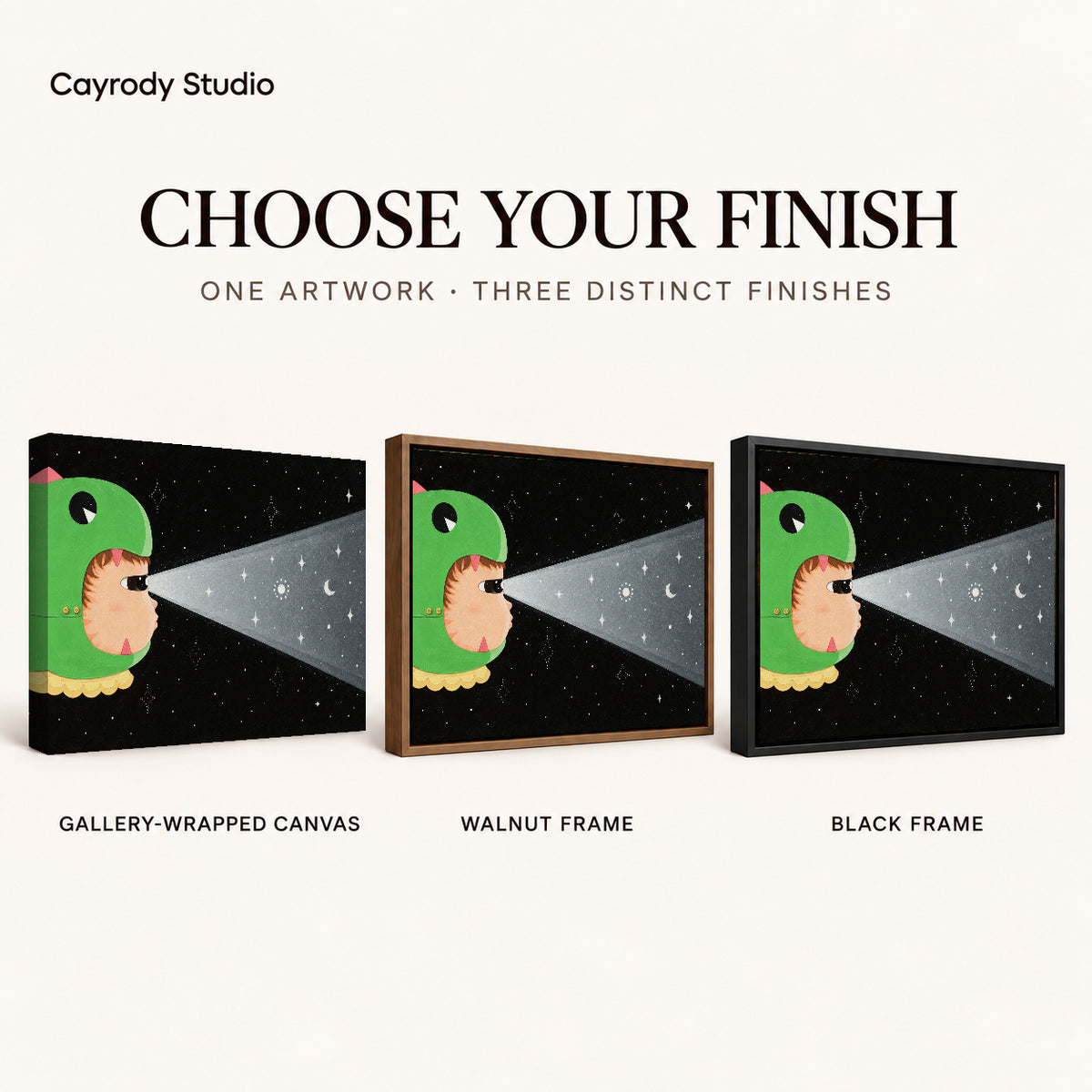 Dinosaur Hood Cat artwork finish chart showing gallery wrapped canvas, walnut frame, and black frame options.