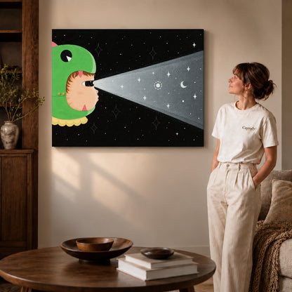 Gallery wrapped dinosaur hood cat artwork scene assigned to all six unframed wrapped canvas sizes.