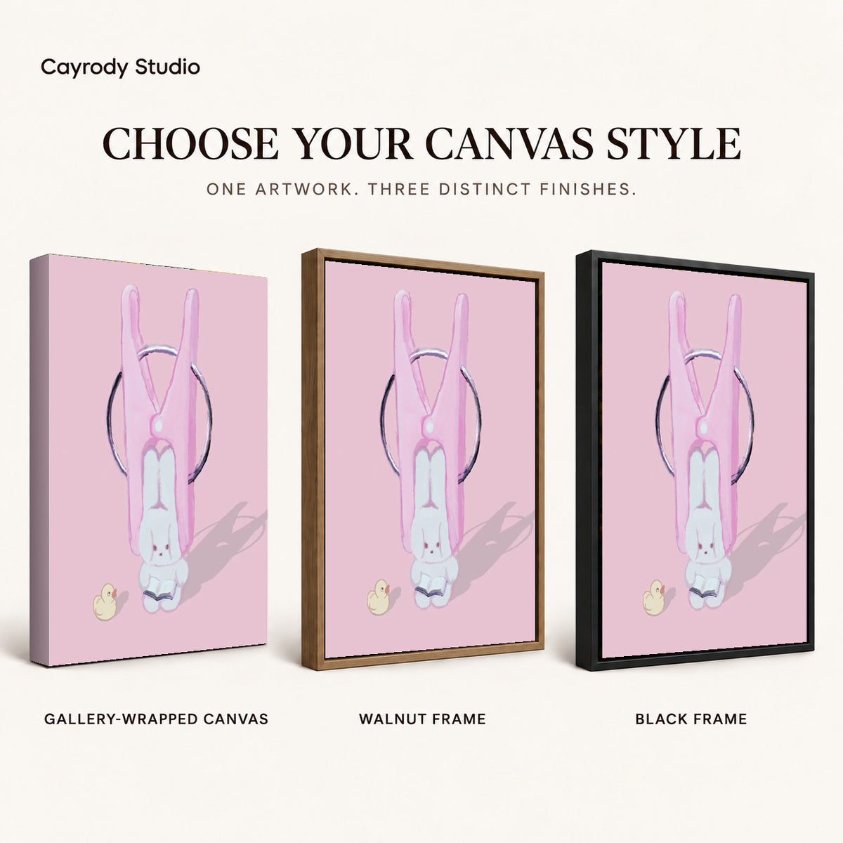 Bunny clothespin canvas art finish chart showing gallery wrapped canvas, walnut frame, and black frame options.