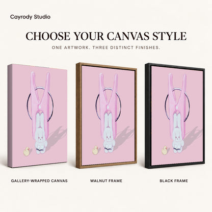 Bunny clothespin canvas art finish chart showing gallery wrapped canvas, walnut frame, and black frame options.