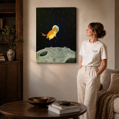 Gallery wrapped space kitten canvas art with naturally shaded canvas edges beside a woman wearing cream clothing.