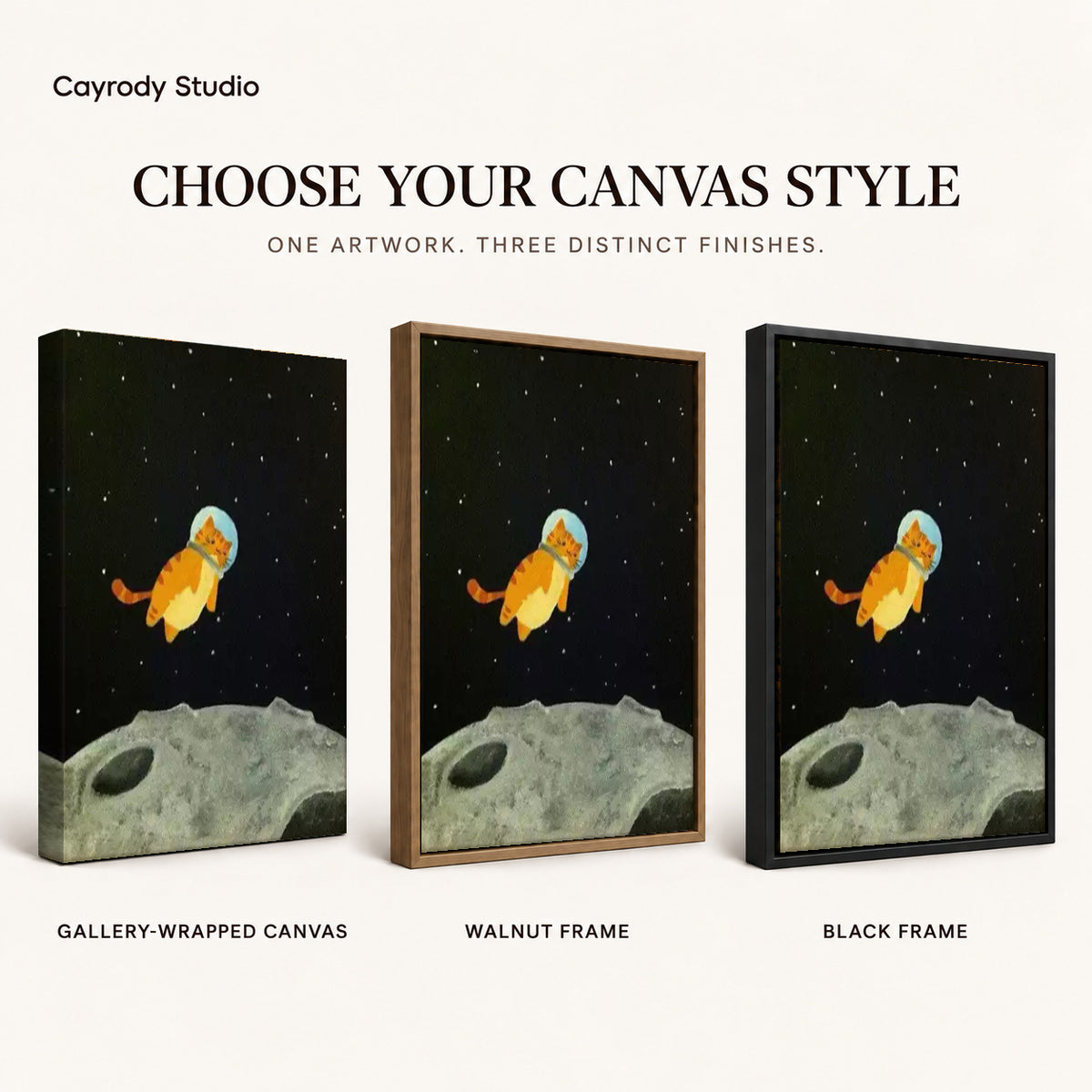 Space kitten canvas art finish chart showing gallery wrapped canvas, walnut frame, and black frame options.
