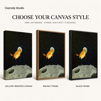 Space kitten canvas art finish chart showing gallery wrapped canvas, walnut frame, and black frame options.