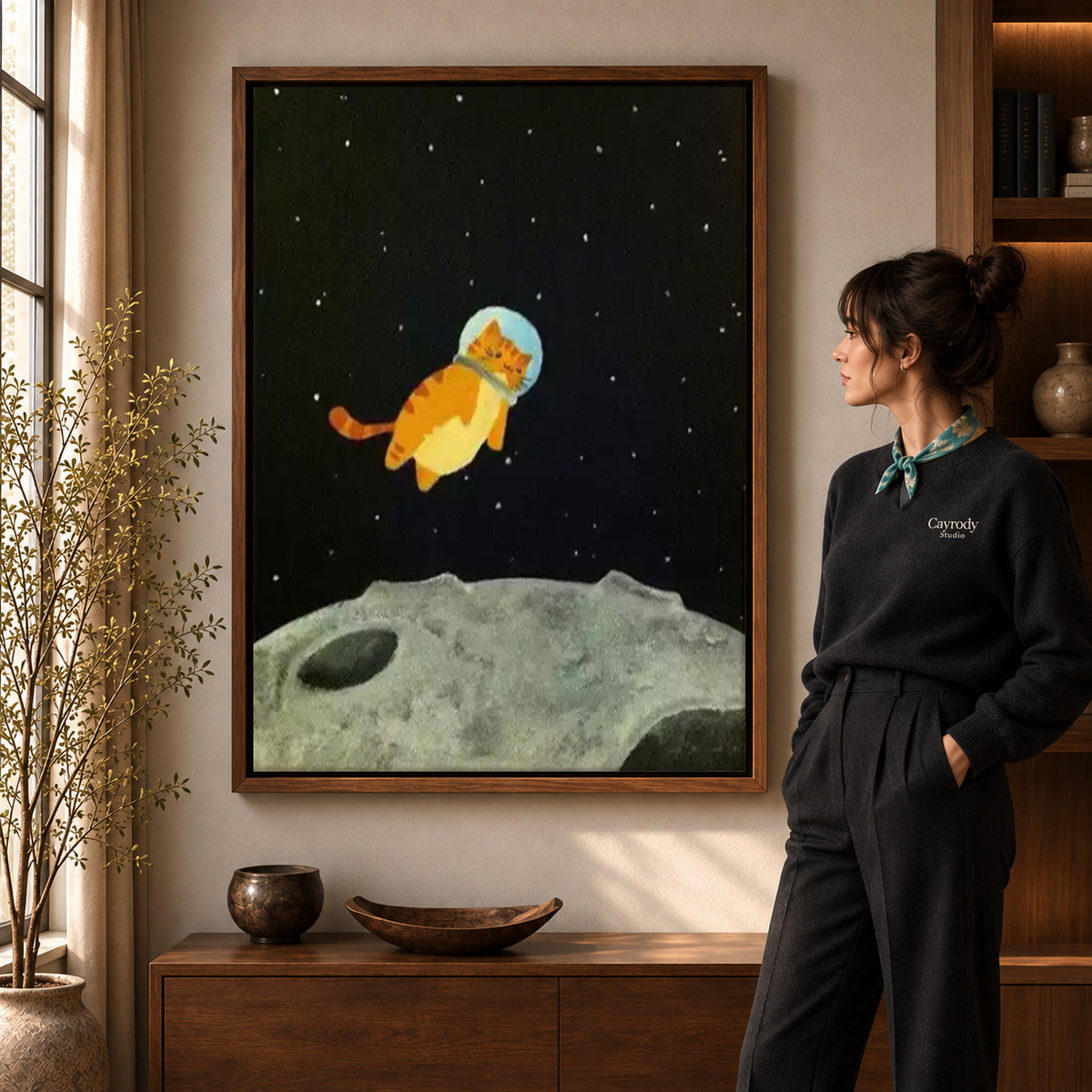 Walnut framed space kitten canvas art room scene assigned to all six walnut framed canvas sizes.