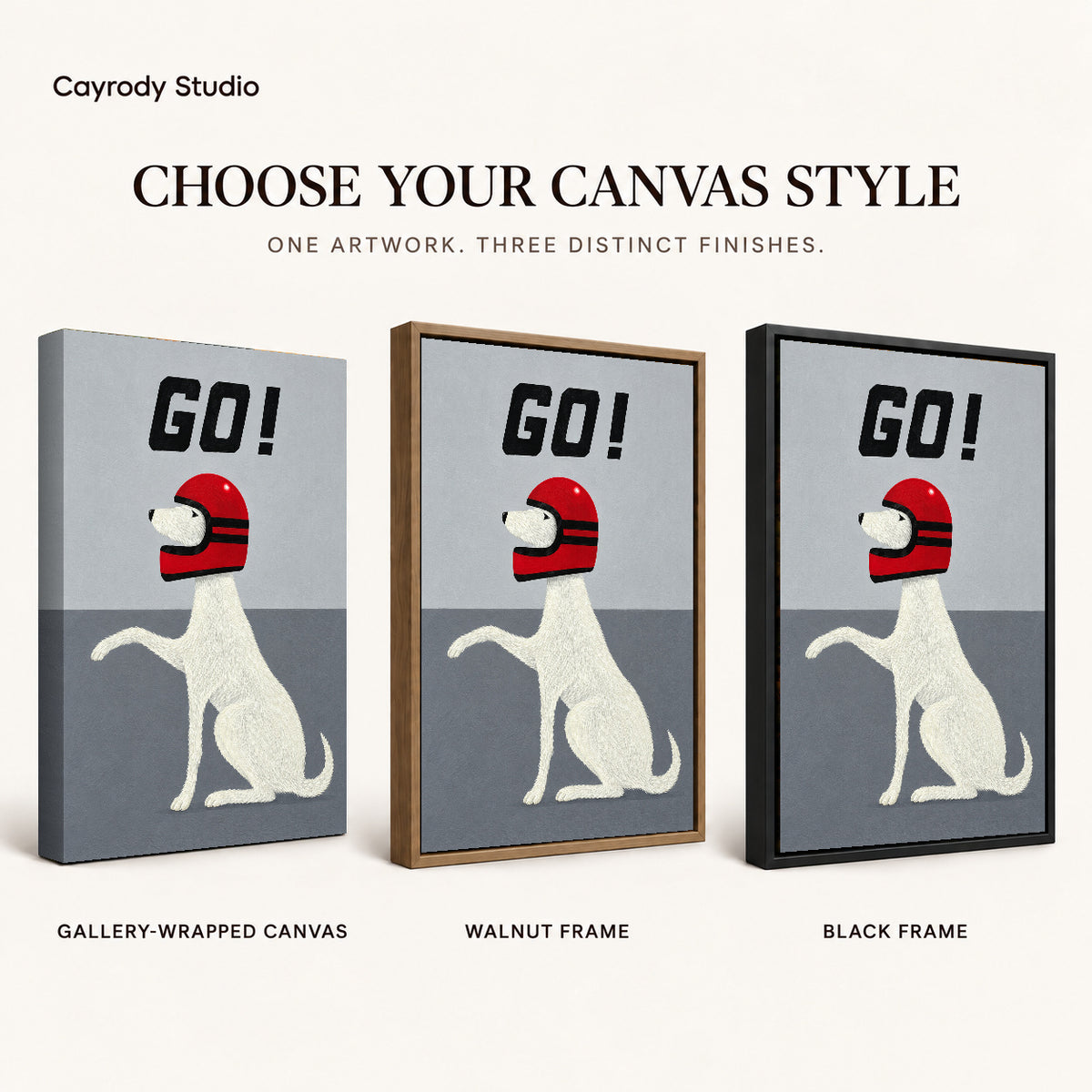 Playful Helmet Dog artwork finish chart showing gallery wrapped canvas, walnut frame, and black frame options.