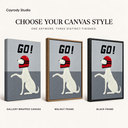 Playful Helmet Dog artwork finish chart showing gallery wrapped canvas, walnut frame, and black frame options.