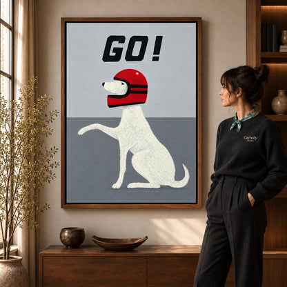 Walnut framed playful helmet dog artwork scene assigned to all six walnut framed canvas sizes.
