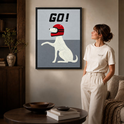 Black framed playful helmet dog artwork scene assigned to all six black framed canvas sizes.