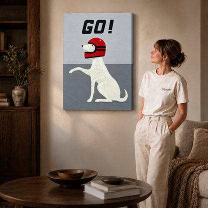 Gallery wrapped playful helmet dog artwork scene assigned to all six unframed wrapped canvas sizes.