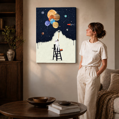 Gallery wrapped astronaut painter canvas art with naturally shaded canvas edges beside a woman wearing cream clothing.