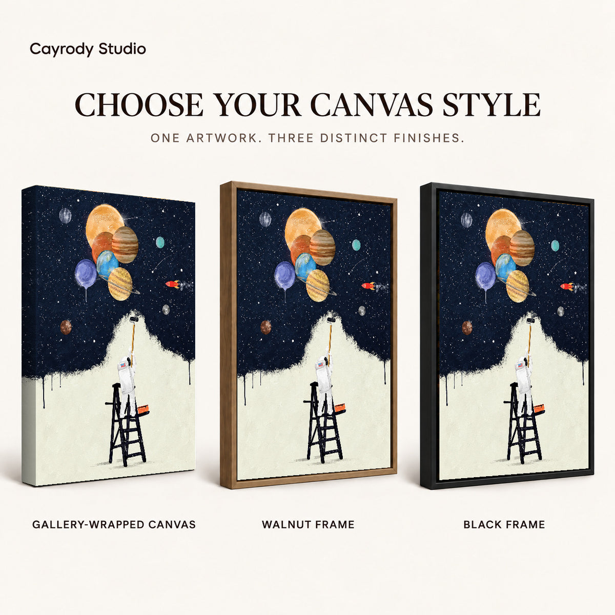 Astronaut painter canvas art finish chart showing gallery wrapped canvas, walnut frame, and black frame options.