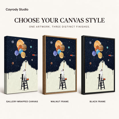 Astronaut painter canvas art finish chart showing gallery wrapped canvas, walnut frame, and black frame options.