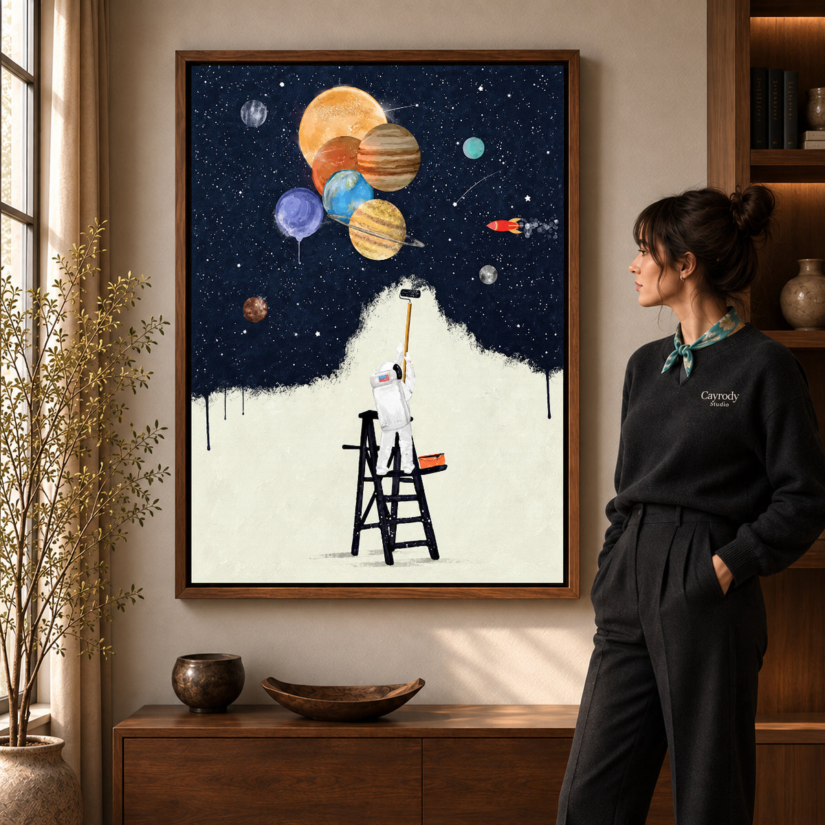 Walnut framed astronaut painter canvas art room scene assigned to all six walnut framed canvas sizes.