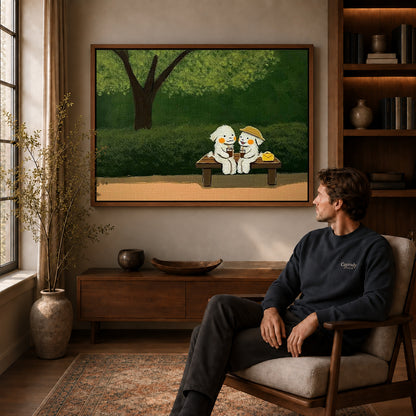 Walnut framed garden bench friends canvas art displayed above a seated man in a wood furnished room.