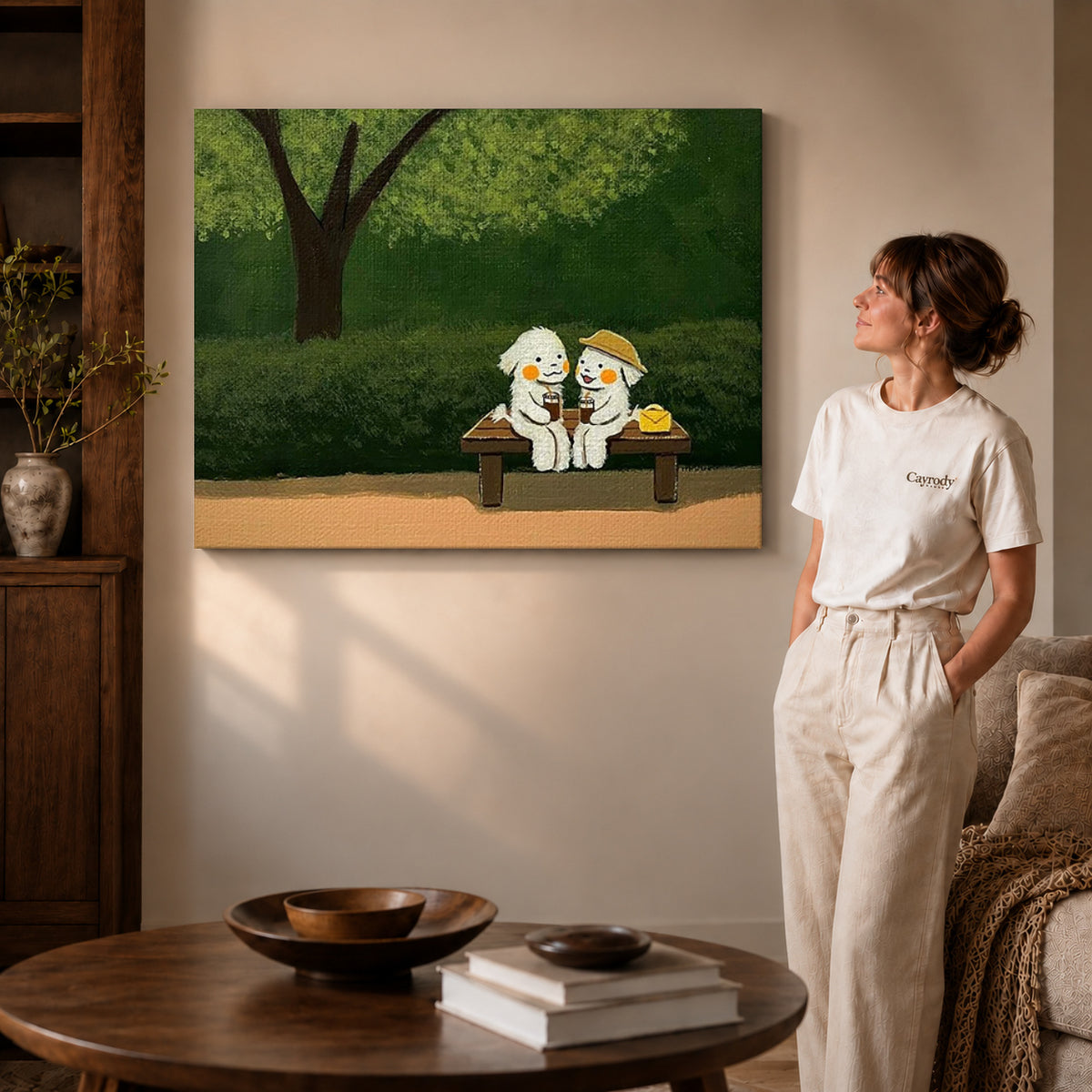 Gallery wrapped garden bench friends canvas art with naturally shaded canvas edges beside a woman wearing cream clothing.