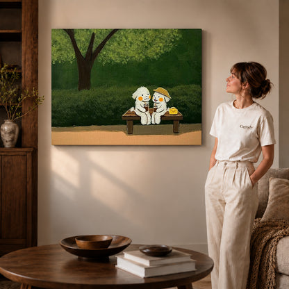 Gallery wrapped garden bench friends canvas art with naturally shaded canvas edges beside a woman wearing cream clothing.
