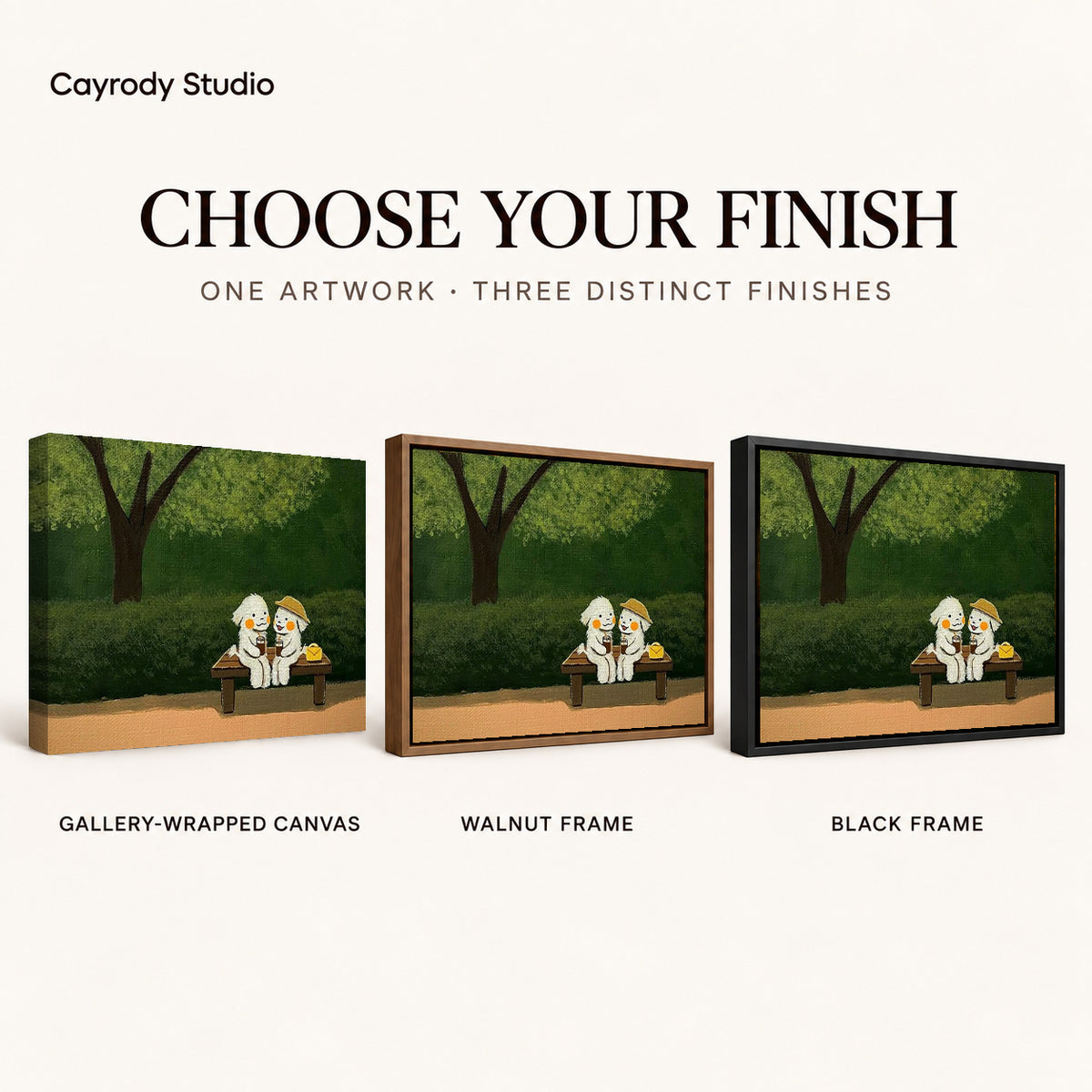 Garden bench friends canvas art finish chart showing gallery wrapped canvas, walnut frame, and black frame options.