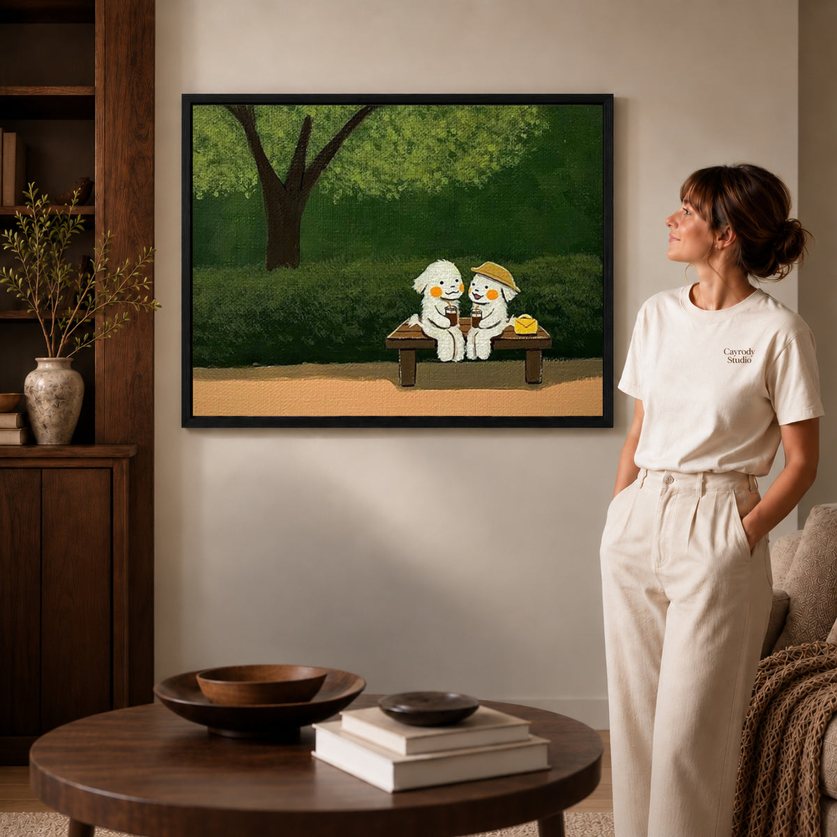 Black framed garden bench friends canvas art room scene assigned to all six black framed canvas sizes.