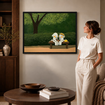 Black framed garden bench friends canvas art room scene assigned to all six black framed canvas sizes.