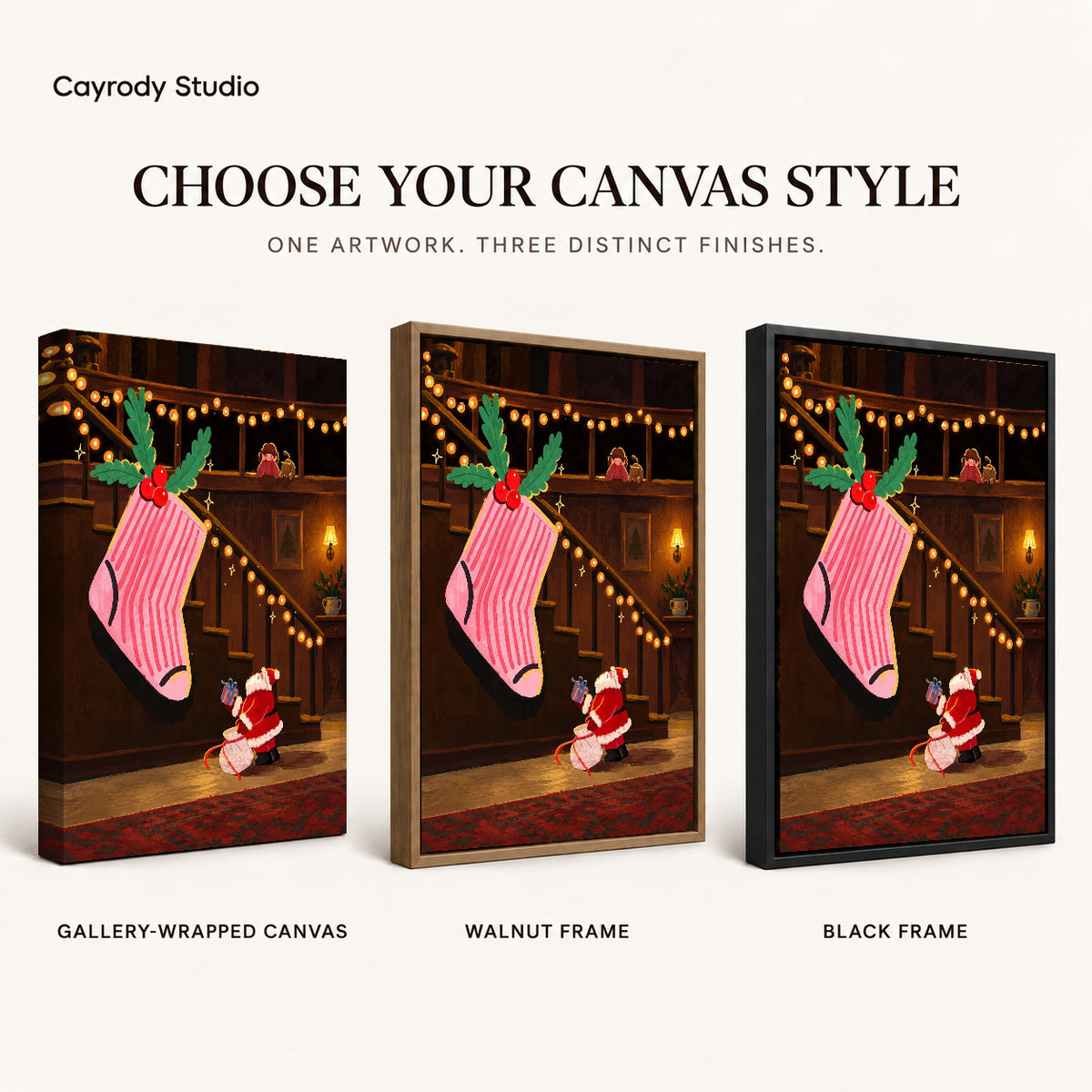 Giant Christmas Stocking artwork finish chart showing gallery wrapped canvas, walnut frame, and black frame options.