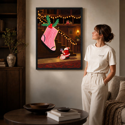 Black framed giant christmas stocking artwork scene assigned to all six black framed canvas sizes.