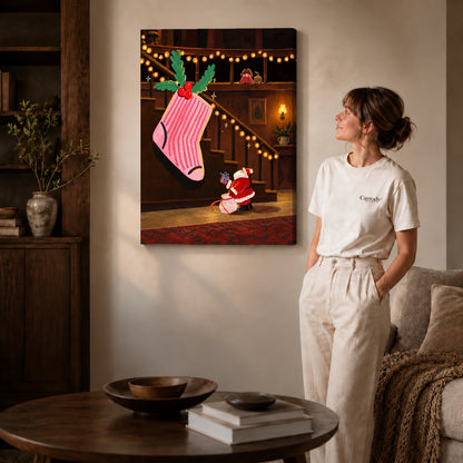 Gallery wrapped giant christmas stocking artwork scene assigned to all six unframed wrapped canvas sizes.