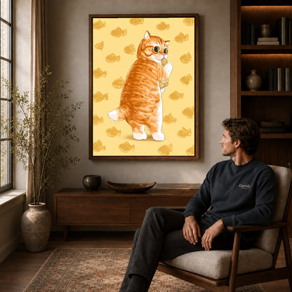 Walnut framed ginger kitten canvas art displayed above a seated man in a wood furnished living room.