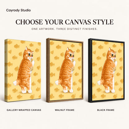 Ginger kitten canvas art finish chart showing gallery wrapped canvas, walnut frame, and black frame options.