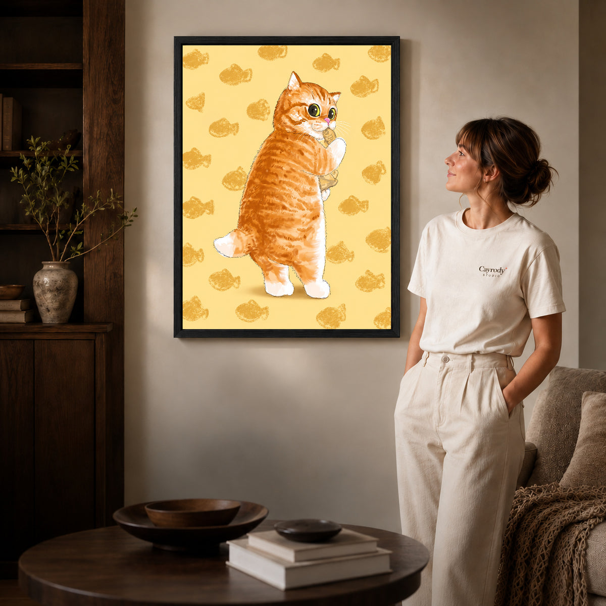 Black framed ginger kitten canvas art room scene assigned to all six black framed canvas sizes.