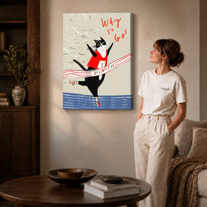 Gallery wrapped running cat canvas art with naturally shaded canvas edges beside a woman wearing cream clothing.