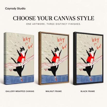 Running cat canvas art finish chart showing gallery wrapped canvas, walnut frame, and black frame options.