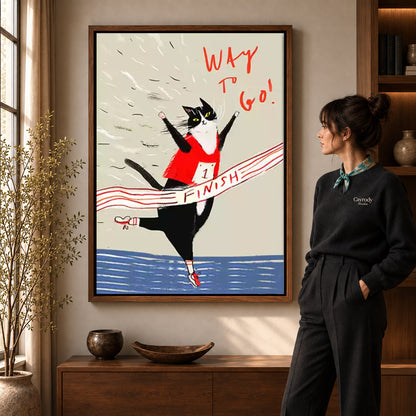Walnut framed running cat canvas art room scene assigned to all six walnut framed canvas sizes.