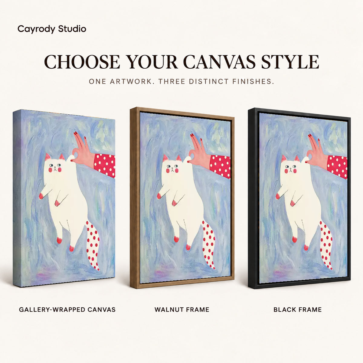 Playful white cat canvas art finish chart showing gallery wrapped canvas, walnut frame, and black frame options.