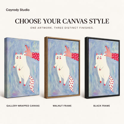Playful white cat canvas art finish chart showing gallery wrapped canvas, walnut frame, and black frame options.