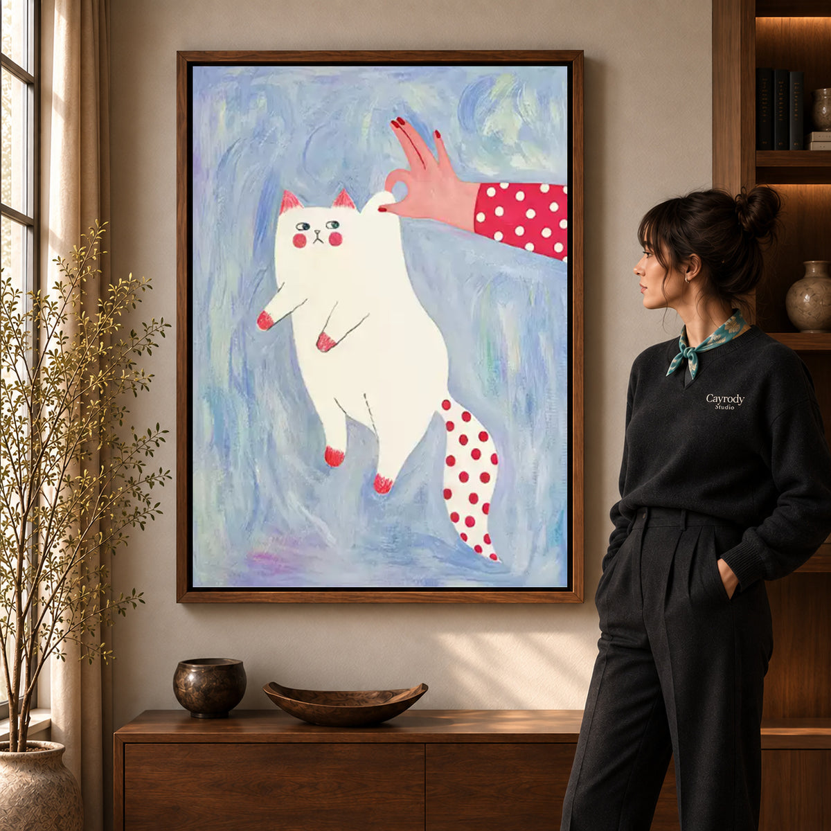 Walnut framed playful white cat canvas art room scene assigned to all six walnut framed canvas sizes.
