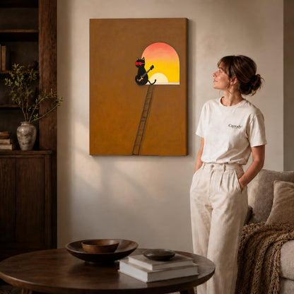 Gallery wrapped musician cat canvas art with naturally shaded canvas edges beside a woman wearing cream clothing.